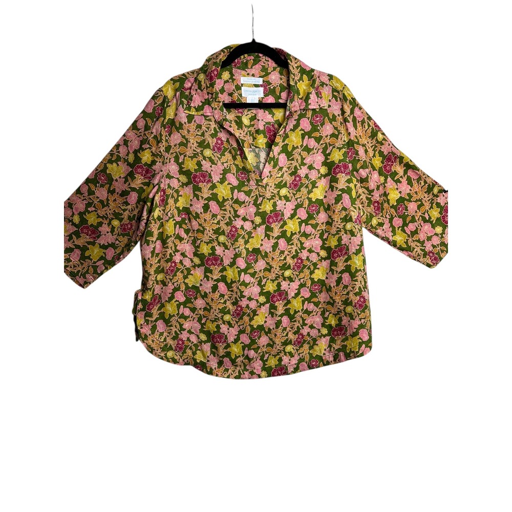 Cynthia Rowley‎ Linen Floral Print V Neck 3/4 Sleeve Tunic Top Women's 1X